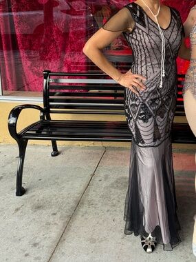 Art Deco Beaded Black Evening Gown